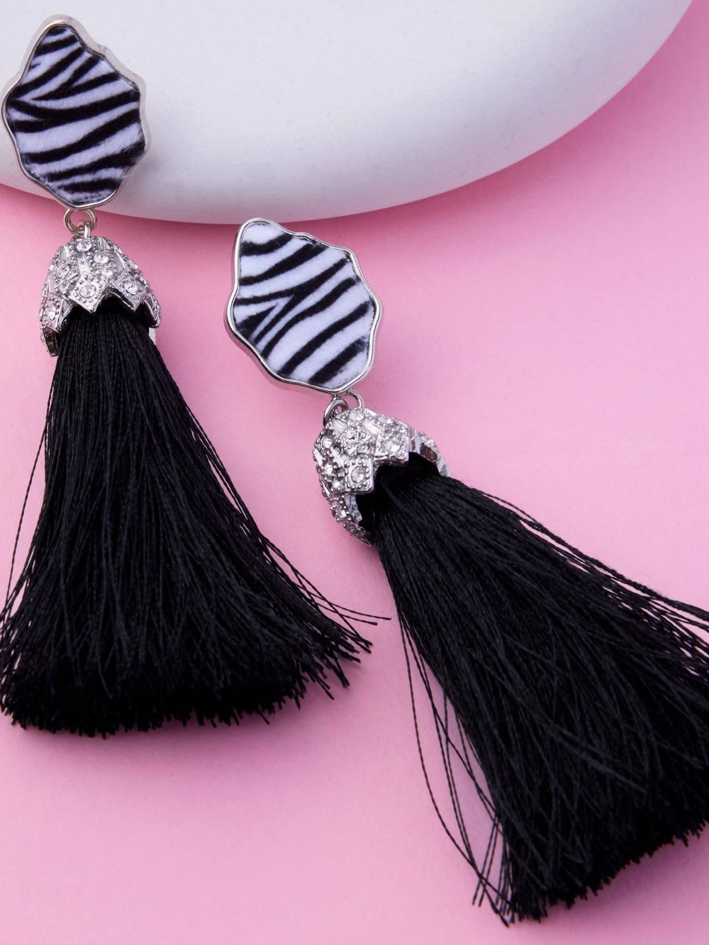 Black Zebra Tassel Drop Earrings - Fashion Jewelry